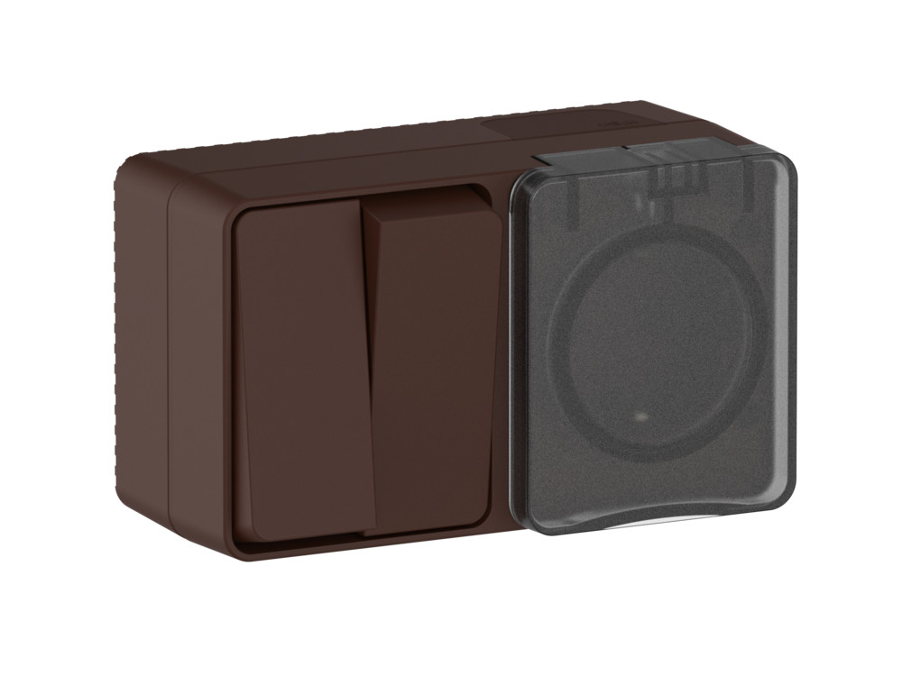 ATLASDESIGN PROFI IP54 О/У БЛОК: РОЗЕТКА с заземл. со шт., 16А, ВЫКЛЮЧАТЕЛЬ 2-клав., 10АХ, КОРИЧНЕВЫЙ