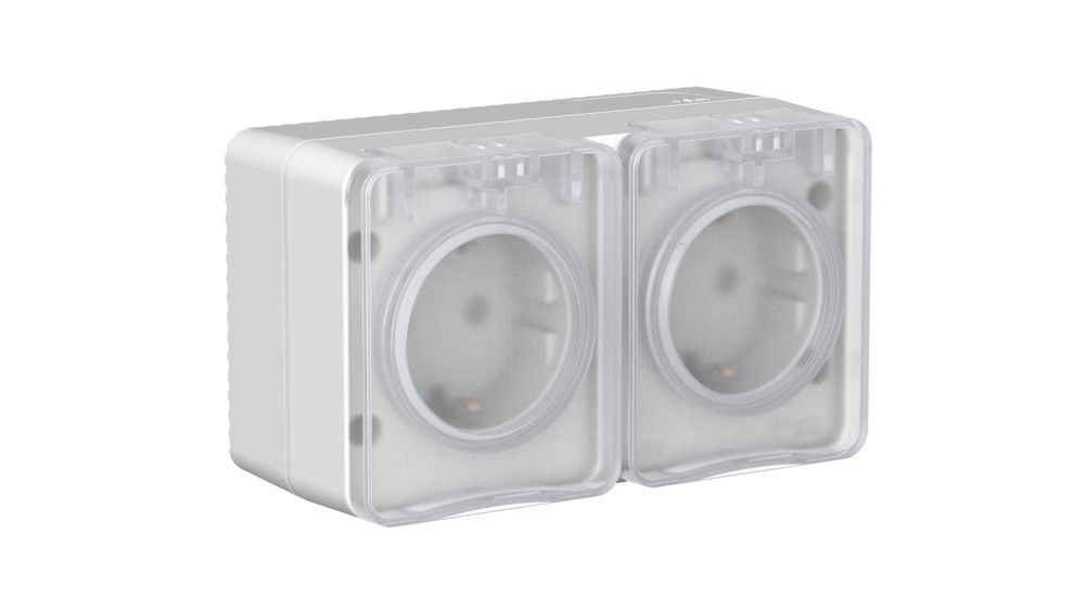 ATLASDESIGN PROFI IP54 О/У РОЗЕТКА двойная с заземлением со шторками, 16А, СЕРЫЙ