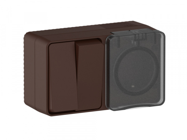 ATLASDESIGN PROFI IP54 О/У БЛОК: РОЗЕТКА с заземл. со шт., 16А, ВЫКЛЮЧАТЕЛЬ 2-клав., 10АХ, КОРИЧНЕВЫЙ