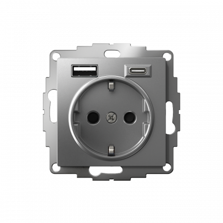 ATLASDESIGN РОЗЕТКА 16А c 2 USB A+C, 5В/2,4А/3,0А, 2х5В/1,5А, механизм, СТАЛЬ