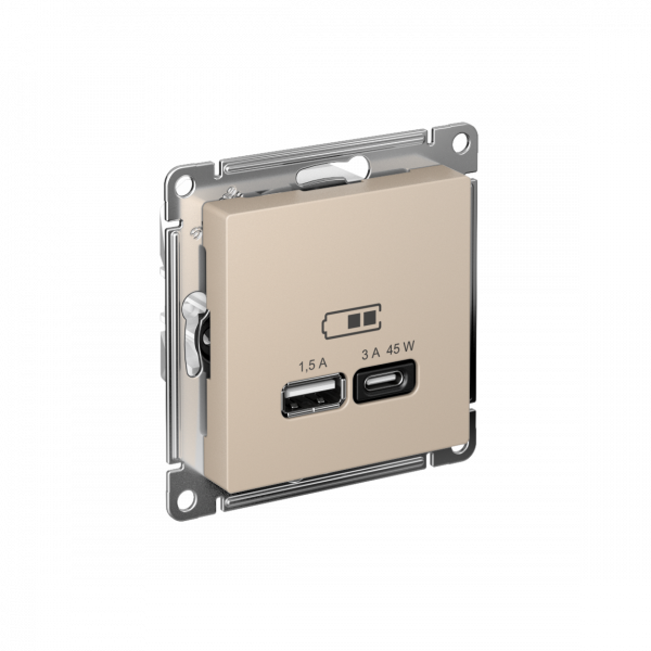 ATLASDESIGN USB РОЗЕТКА A + тип-C 45Вт высокоскор.заряд. QC, PD, механизм, ПЕСОЧНЫЙ