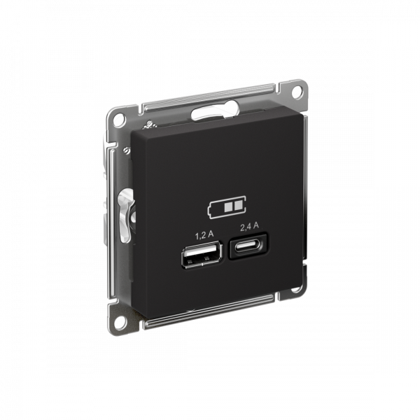 ATLASDESIGN USB РОЗЕТКА А+С, 5В/2,4А, 2х5В/1,2А, механизм, КАРБОН