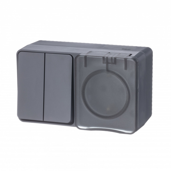 ATLASDESIGN PROFI IP54 О/У БЛОК: РОЗЕТКА с заземл. со шт., 16А, ВЫКЛЮЧАТЕЛЬ 2-клав., 10АХ, АНТРАЦИТ
