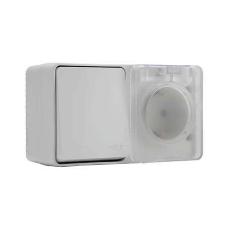 ATLASDESIGN PROFI IP54 О/У БЛОК: РОЗЕТКА с заземл. со шт., 16А, ВЫКЛЮЧАТЕЛЬ 1-клав., 10АХ, БЕЛЫЙ