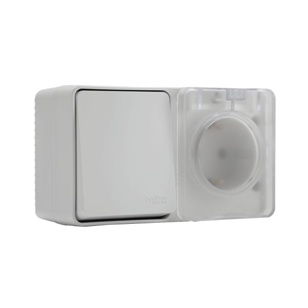 ATLASDESIGN PROFI IP54 О/У БЛОК: РОЗЕТКА с заземл. со шт., 16А, ВЫКЛЮЧАТЕЛЬ 1-клав., 10АХ, БЕЛЫЙ