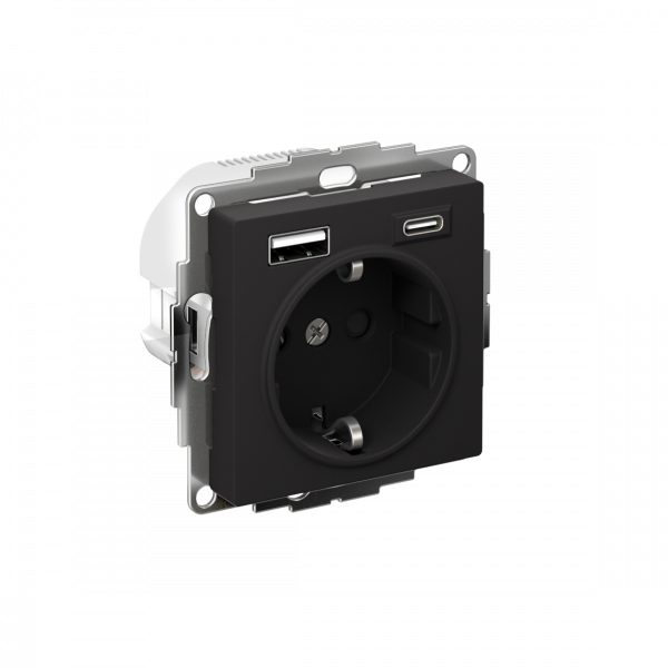 ATLASDESIGN РОЗЕТКА 16А c 2 USB A+С, 5В/2,4А/3,0А, 2х5В/1,5А, механизм, КАРБОН