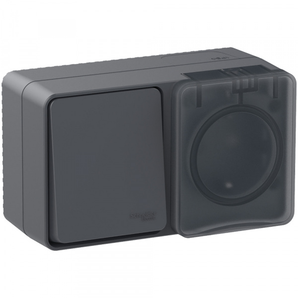 ATLASDESIGN PROFI IP54 О/У БЛОК: РОЗЕТКА с заземл. со шт., 16А, ВЫКЛЮЧАТЕЛЬ 1-клав., 10АХ, АНТРАЦИТ