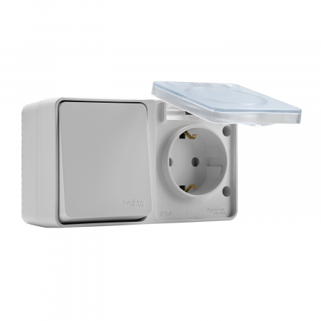 ATLASDESIGN PROFI IP54 О/У БЛОК: РОЗЕТКА с заземл. со шт., 16А, ВЫКЛЮЧАТЕЛЬ 1-клав., 10АХ, БЕЛЫЙ