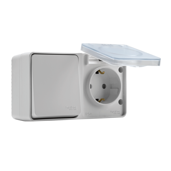 ATLASDESIGN PROFI IP54 О/У БЛОК: РОЗЕТКА с заземл. со шт., 16А, ВЫКЛЮЧАТЕЛЬ 1-клав., 10АХ, БЕЛЫЙ