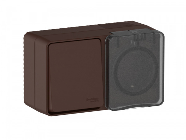 ATLASDESIGN PROFI IP54 О/У БЛОК: РОЗЕТКА с заземл. со шт., 16А, ВЫКЛЮЧАТЕЛЬ 1-клав., 10АХ, КОРИЧНЕВЫЙ