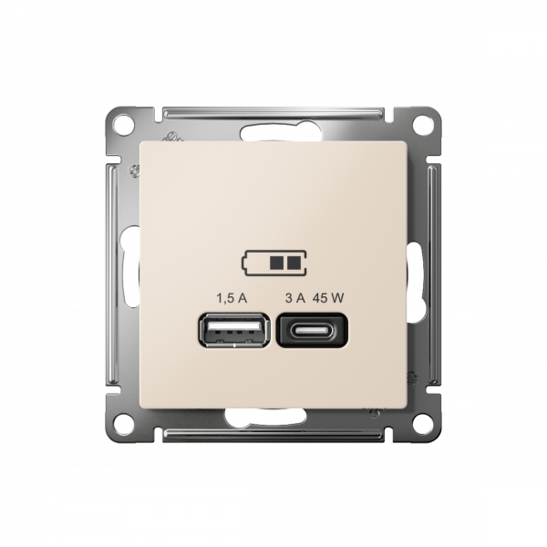 ATLASDESIGN USB РОЗЕТКА A + тип-C 45Вт высокоскор.заряд. QC, PD, механизм, БЕЖЕВЫЙ