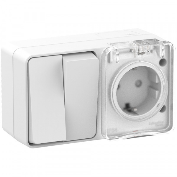 ATLASDESIGN PROFI IP54 О/У БЛОК: РОЗЕТКА с заземл. со шт., 16А, ВЫКЛЮЧАТЕЛЬ 2-клав., 10АХ, БЕЛЫЙ