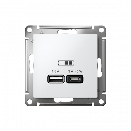 ATLASDESIGN USB РОЗЕТКА A + тип-C 45Вт высокоскор.заряд. QC, PD, механизм, БЕЛЫЙ