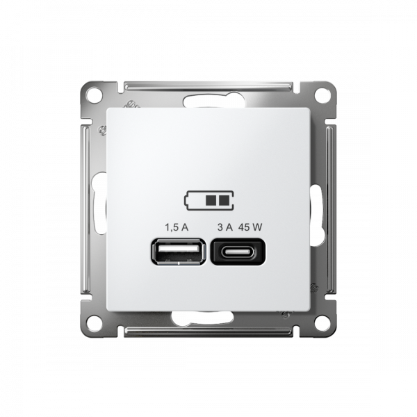 ATLASDESIGN USB РОЗЕТКА A + тип-C 45Вт высокоскор.заряд. QC, PD, механизм, БЕЛЫЙ