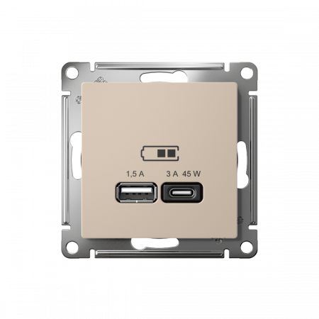 ATLASDESIGN USB РОЗЕТКА A + тип-C 45Вт высокоскор.заряд. QC, PD, механизм, ПЕСОЧНЫЙ