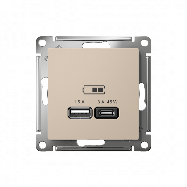 ATLASDESIGN USB РОЗЕТКА A + тип-C 45Вт высокоскор.заряд. QC, PD, механизм, ПЕСОЧНЫЙ