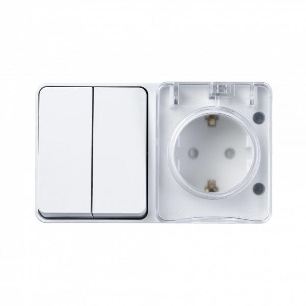 ATLASDESIGN PROFI IP54 О/У БЛОК: РОЗЕТКА с заземл. со шт., 16А, ВЫКЛЮЧАТЕЛЬ 2-клав., 10АХ, БЕЛЫЙ