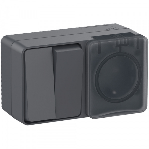 ATLASDESIGN PROFI IP54 О/У БЛОК: РОЗЕТКА с заземл. со шт., 16А, ВЫКЛЮЧАТЕЛЬ 2-клав., 10АХ, АНТРАЦИТ