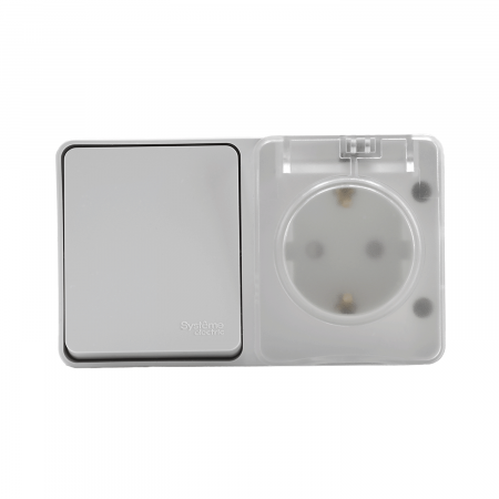 ATLASDESIGN PROFI IP54 О/У БЛОК: РОЗЕТКА с заземл. со шт., 16А, ВЫКЛЮЧАТЕЛЬ 1-клав., 10АХ, БЕЛЫЙ