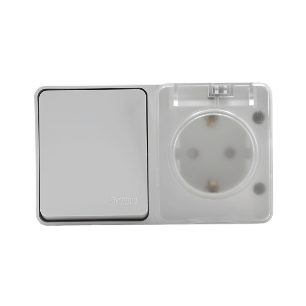 ATLASDESIGN PROFI IP54 О/У БЛОК: РОЗЕТКА с заземл. со шт., 16А, ВЫКЛЮЧАТЕЛЬ 1-клав., 10АХ, БЕЛЫЙ