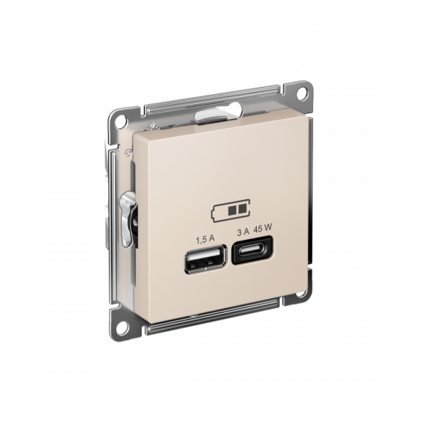 ATLASDESIGN USB РОЗЕТКА A + тип-C 45Вт высокоскор.заряд. QC, PD, механизм, БЕЖЕВЫЙ