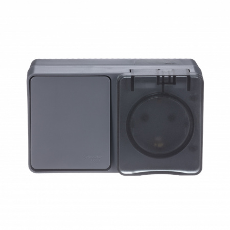 ATLASDESIGN PROFI IP54 О/У БЛОК: РОЗЕТКА с заземл. со шт., 16А, ВЫКЛЮЧАТЕЛЬ 1-клав., 10АХ, АНТРАЦИТ