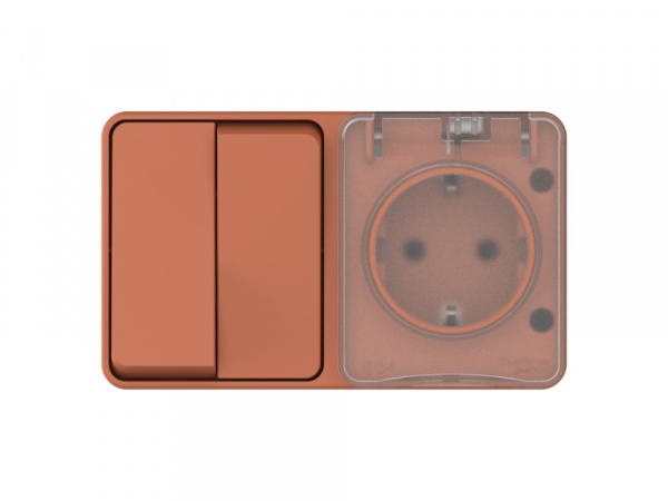 ATLASDESIGN PROFI IP54 О/У БЛОК: РОЗЕТКА с заземл. со шт., 16А, ВЫКЛЮЧАТЕЛЬ 2-клав., 10АХ, ТЕРРАКОТОВЫЙ