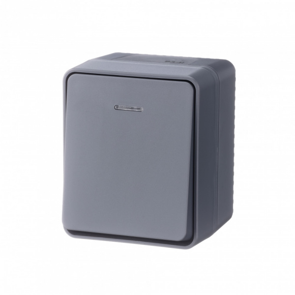 ATLASDESIGN PROFI IP54 О/У 1-клавишный ВЫКЛЮЧАТЕЛЬ с подсветкой, сх.1а, 10АХ, АНТРАЦИТ