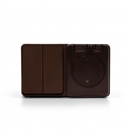 ATLASDESIGN PROFI IP54 О/У БЛОК: РОЗЕТКА с заземл. со шт., 16А, ВЫКЛЮЧАТЕЛЬ 2-клав., 10АХ, КОРИЧНЕВЫЙ