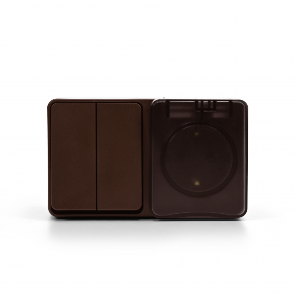 ATLASDESIGN PROFI IP54 О/У БЛОК: РОЗЕТКА с заземл. со шт., 16А, ВЫКЛЮЧАТЕЛЬ 2-клав., 10АХ, КОРИЧНЕВЫЙ