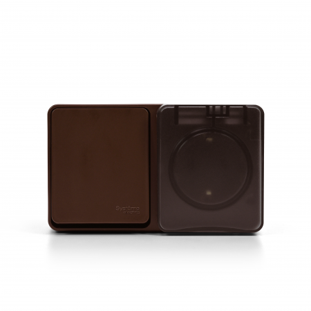 ATLASDESIGN PROFI IP54 О/У БЛОК: РОЗЕТКА с заземл. со шт., 16А, ВЫКЛЮЧАТЕЛЬ 1-клав., 10АХ, КОРИЧНЕВЫЙ
